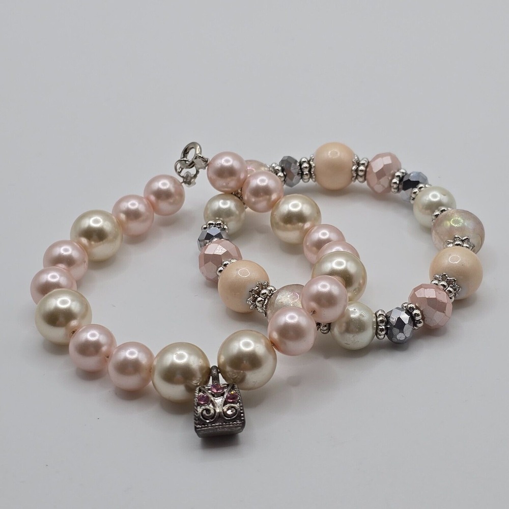 Womens Pastel Faux Pearl Beaded Bracelet Set Charm Gift Cottage‎